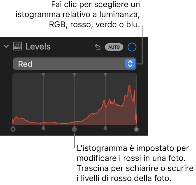 I controlli di Livelli nel pannello Regola, che mostrano l’istogramma Rosso con le maniglie al di sotto per regolare i livelli di rosso della foto.