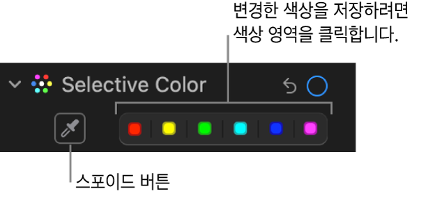 스포이드 버튼 및 색상 저장소를 표시하는 조절 패널의 셀렉티브 컬러 제어기.