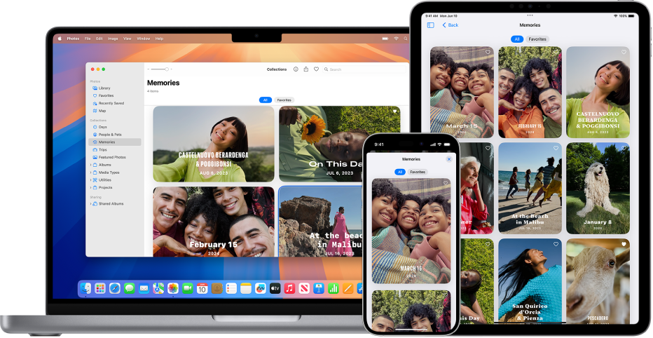 iPhone, MacBook dan iPad menunjukkan memori daripada pustaka foto yang sama.