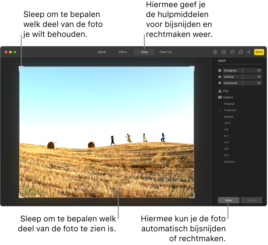 Een foto in de bewerkingsweergave, met 'Snij bij' geselecteerd in de knoppenbalk, een selectierechthoek rond de foto, schuifknoppen voor rechtmaken, opties voor verhouding en de knoppen 'Automatisch' en 'Herstel' aan de rechterkant.