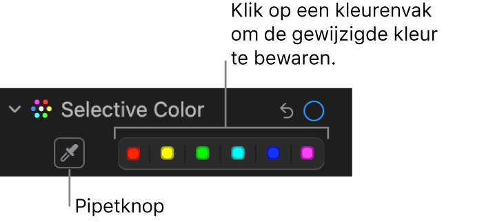 De regelaars voor 'Selectieve kleur' in het paneel 'Pas aan' met de pipetknop en de kleurenvakken.