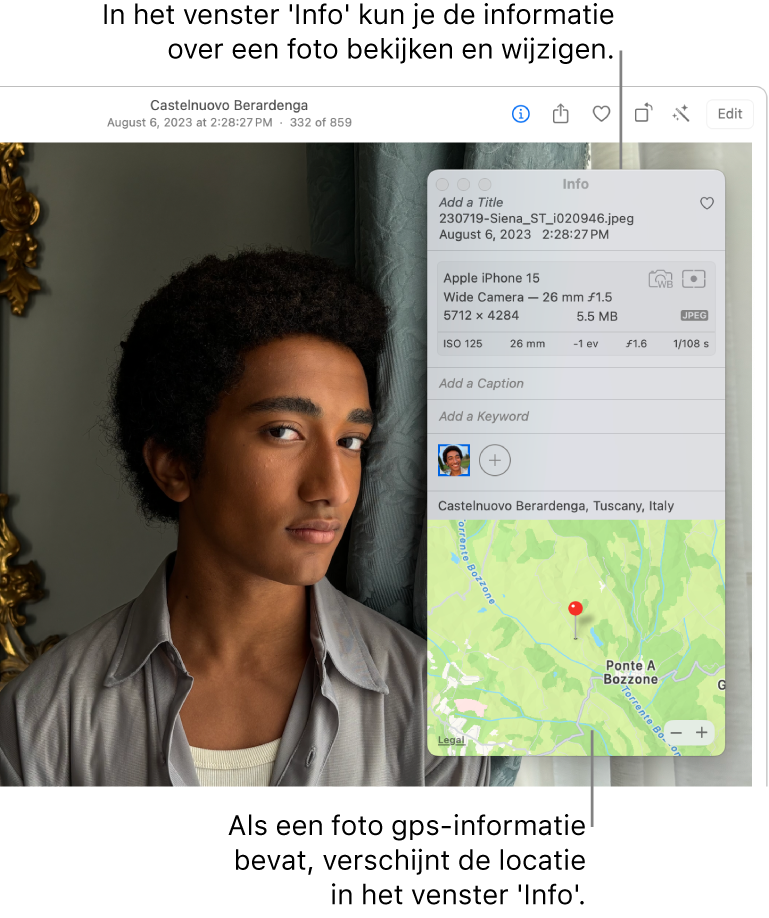 Een foto is geopend in de app Foto's en het infovenster van de foto wordt weergegeven.