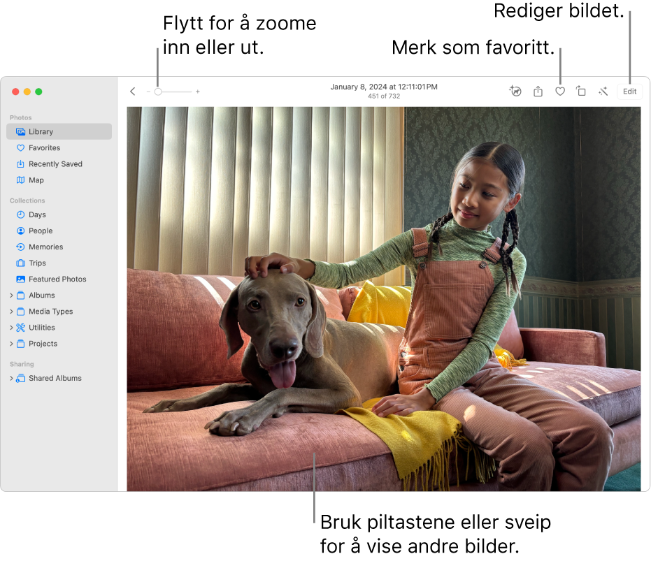 Bilder-vinduet som viser et forstørret bilde på høyre side. Verktøylinjen øverst inneholder Zoom-skyveknappen, Favoritt-knappen og Rediger-knappen.
