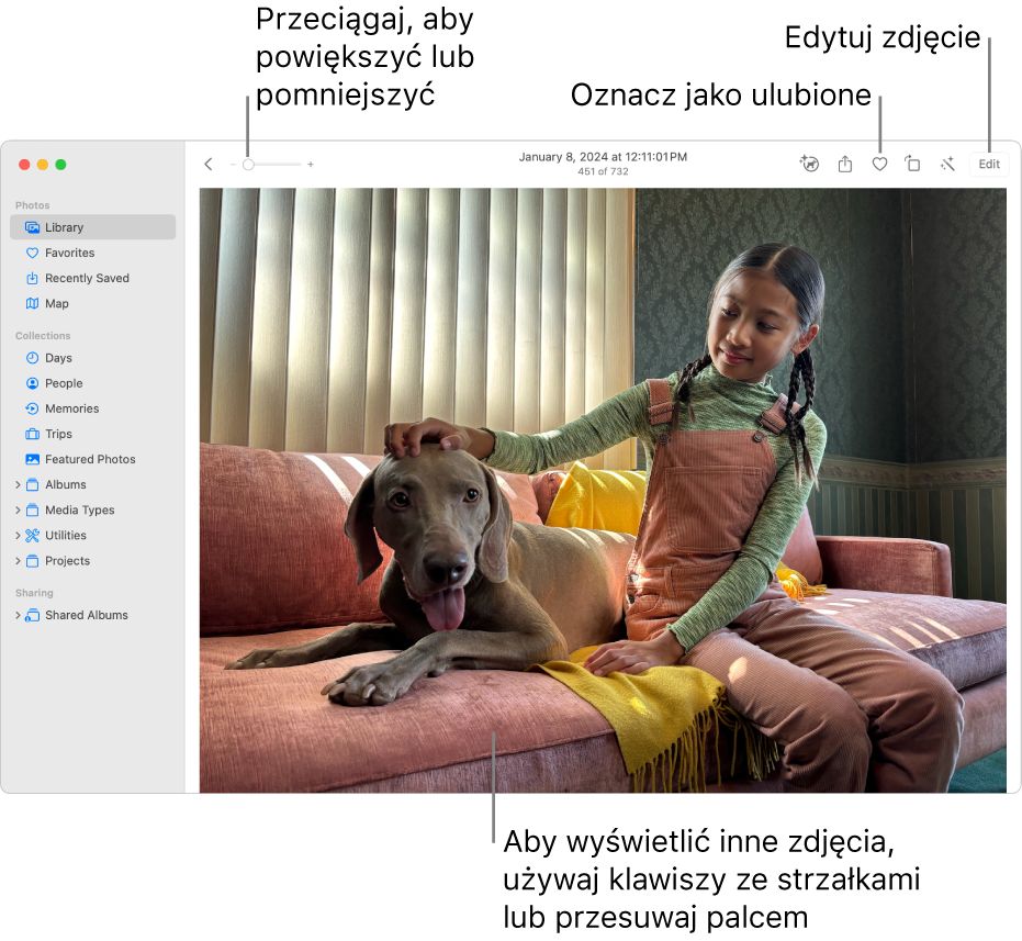 Okno aplikacji Zdjęcia z powiększonym zdjęciem po prawej. Na pasku narzędzi na górze znajduje się suwak zoom, przycisk ulubionych oraz przycisk Edycja.
