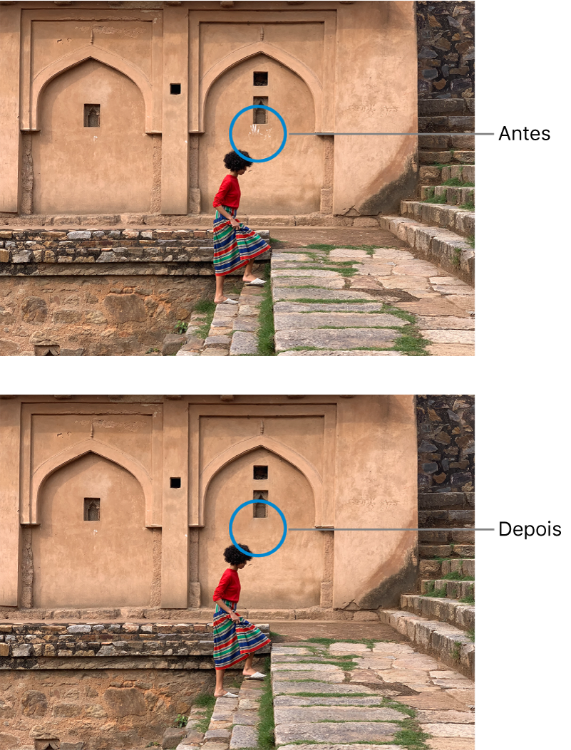 Uma fotografia a mostrar impressões de mãos numa parede no fundo, e a mesma fotografia depois de ser retocada com as impressões de mãos removidas.