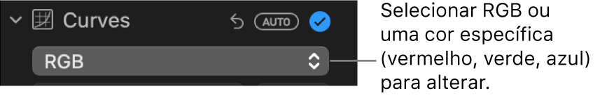Os controlos de curvas no painel Ajustar com a opção RGB selecionada no menu pop‑up.