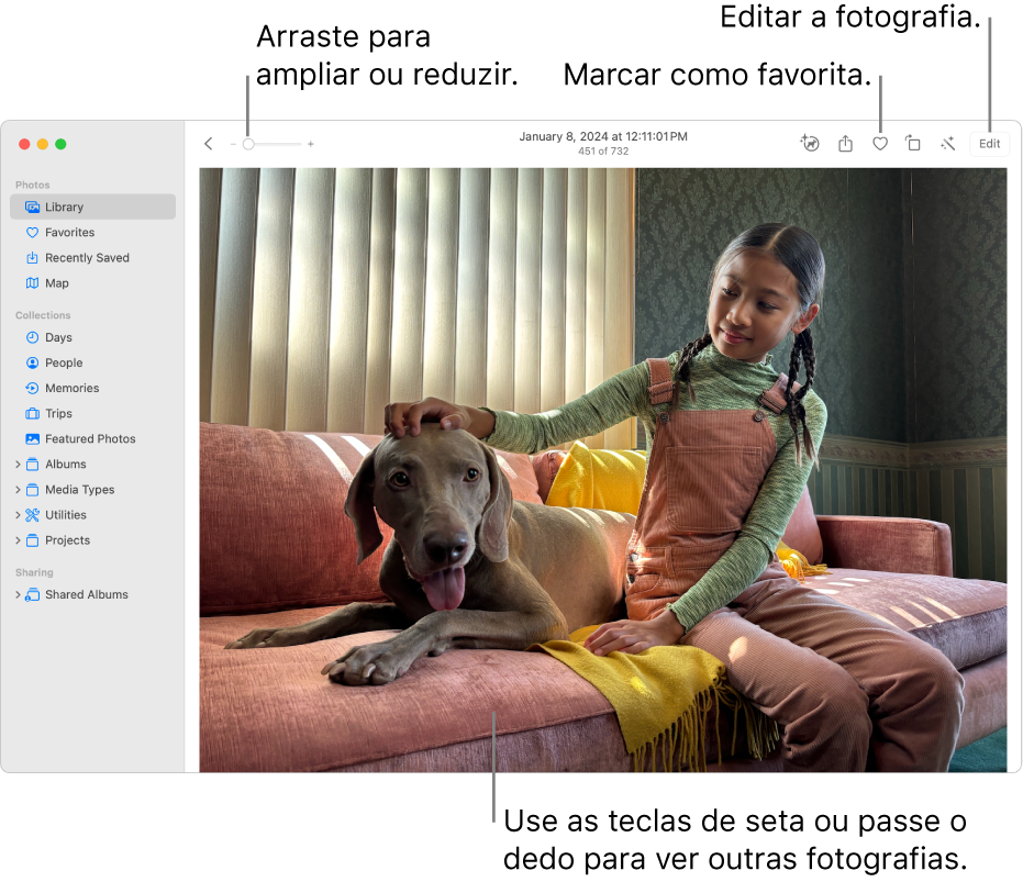 A janela de Fotografias a mostrar uma fotografia ampliada à direita. A barra de ferramentas na parte superior inclui o nivelador de ampliação, o botão Favorito e o botão Editar.