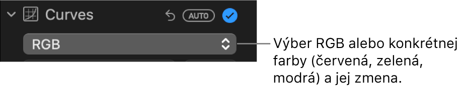 Ovládacie prvky Krivky na paneli Úpravy zobrazujúce možnosť RGB vybranú vo vyskakovacom menu.