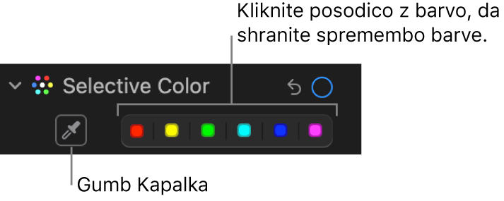 Krmilne funkcije v možnosti Selektivna barva v podoknu Prilagodi s prikazom gumba Kapalka in barvnih krogov.