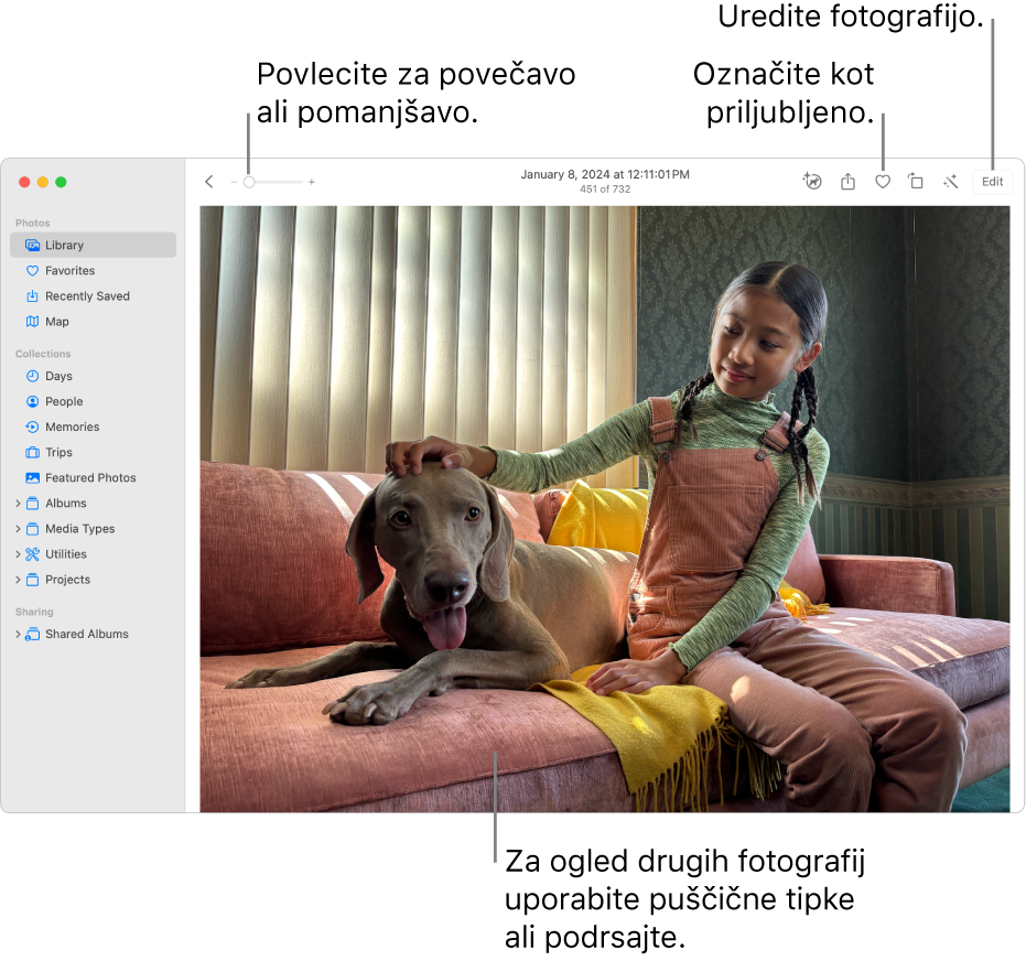 Okno aplikacije Fotografije, ki prikazuje povečano fotografijo na desni. V orodni vrstici na vrhu je drsnik za povečavo, gumb Priljubljeno in gumb Uredi.