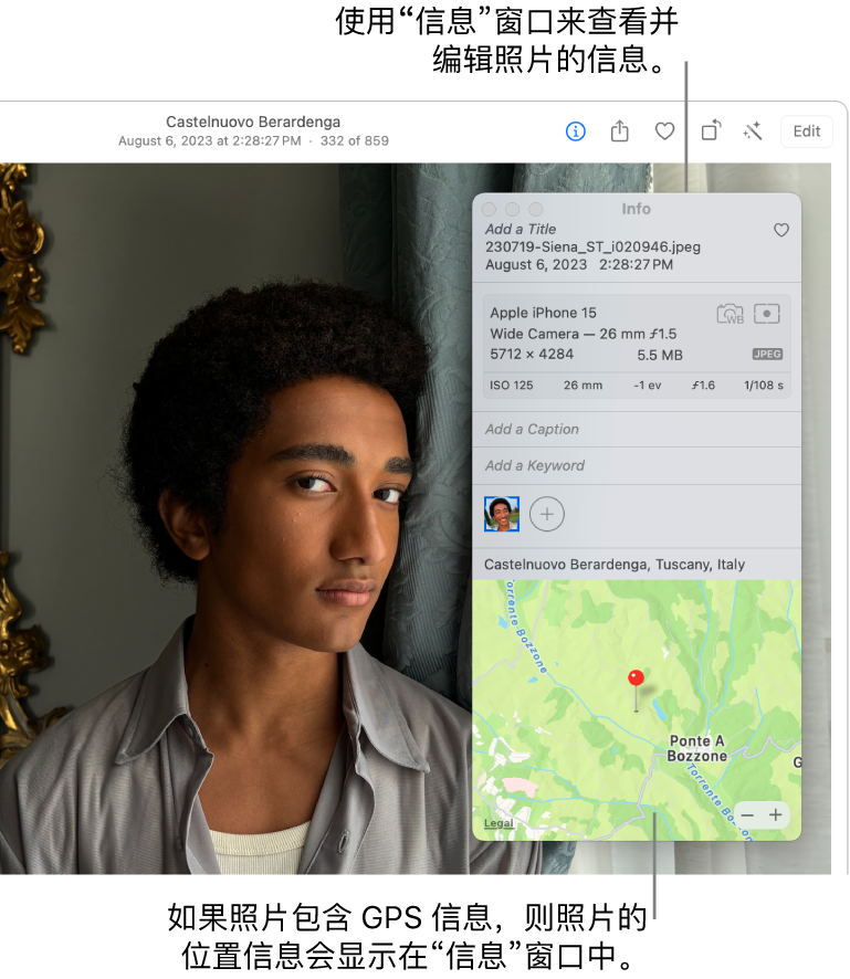 “照片” App 中打开的照片，照片信息已打开。