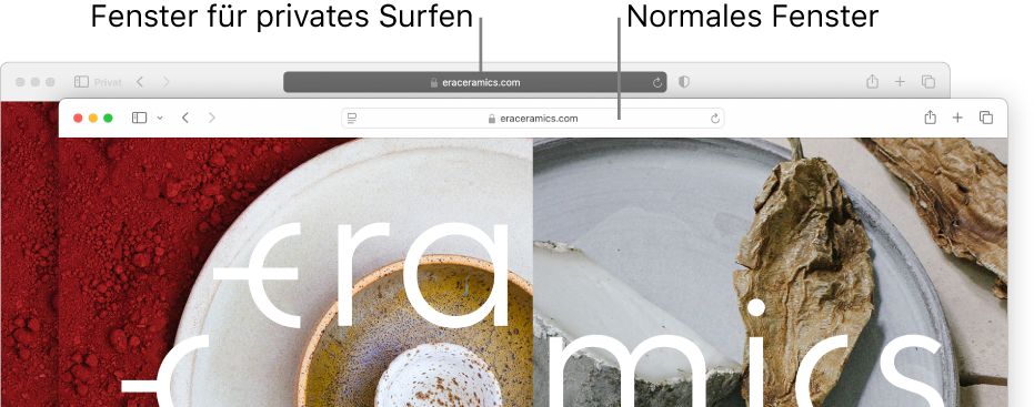 Ein privates Safari-Fenster mit einem dunklen intelligenten Suchfeld und ein normales Safari-Fenster mit seinem hellen intelligenten Suchfeld.