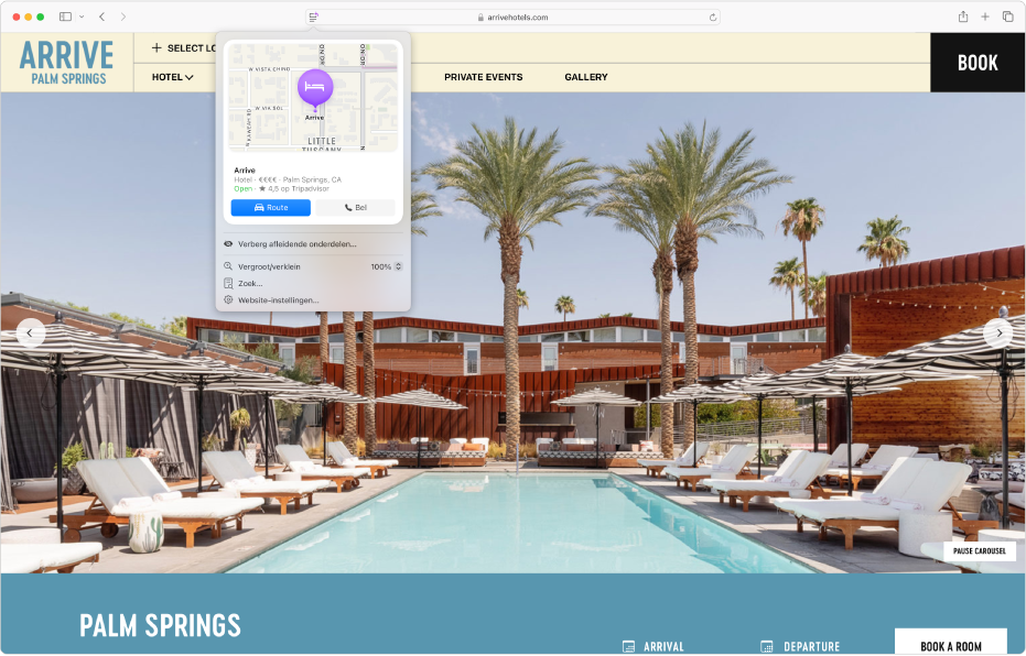 De Safari-app toont de Hoogtepunten voor een hotelbestemming in Palm Springs, waaronder een kaart, knoppen om het hotel te bellen en een routebeschrijving op te vragen, en een link om een reservering te maken.