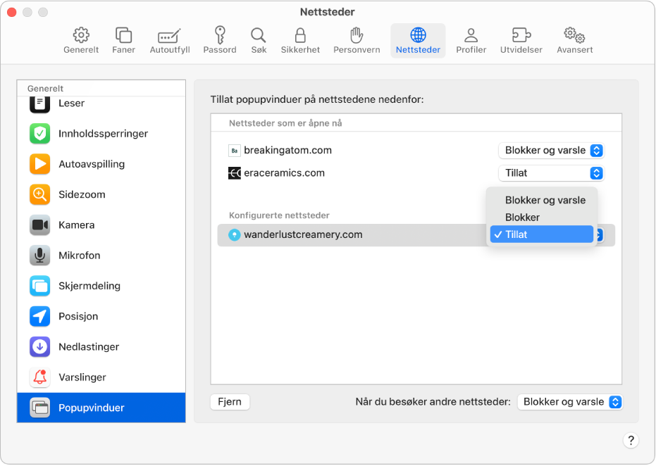 Popupvinduer-valget for Safari-innstillinger, med Tillat markert for et konfigurert nettsted.