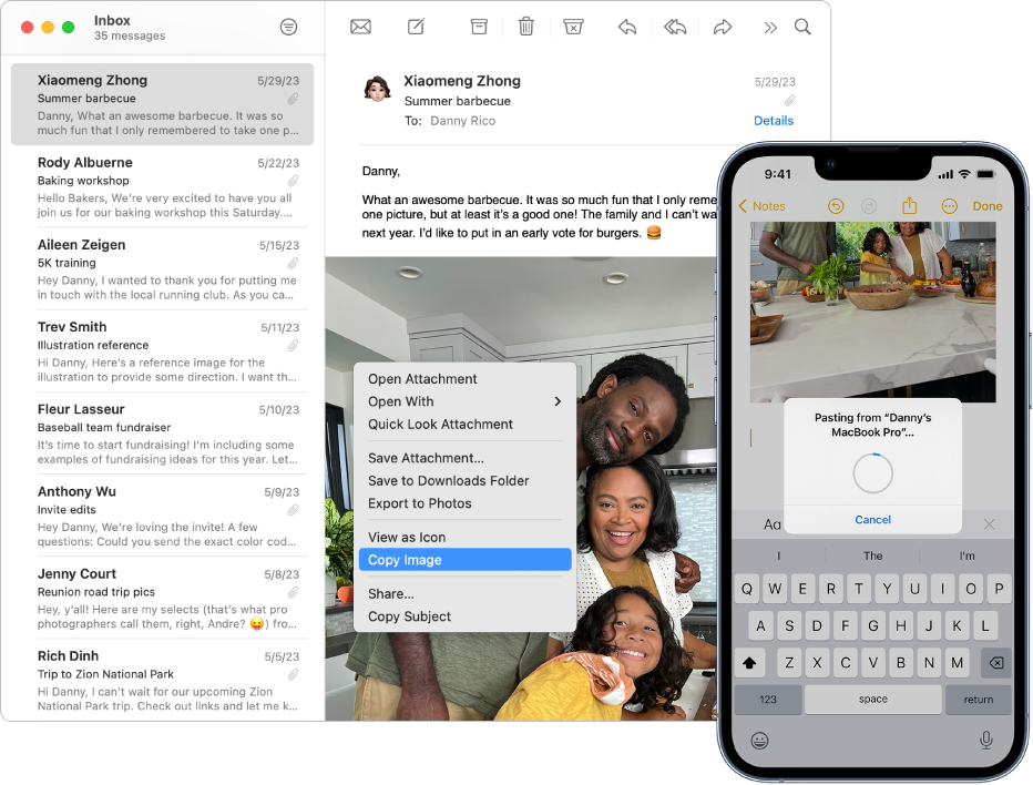 نافذة البريد الإلكتروني مفتوحة على Mac، وتظهر بها رسالة بريد إلكتروني تتضمن صورة. توجد قائمة اختصار أعلى الصورة، مع تحديد خيار نسخ الصورة. على اليسار، تظهر الصورة نفسها على iPhone حيث يتم لصقها في ملاحظة.
