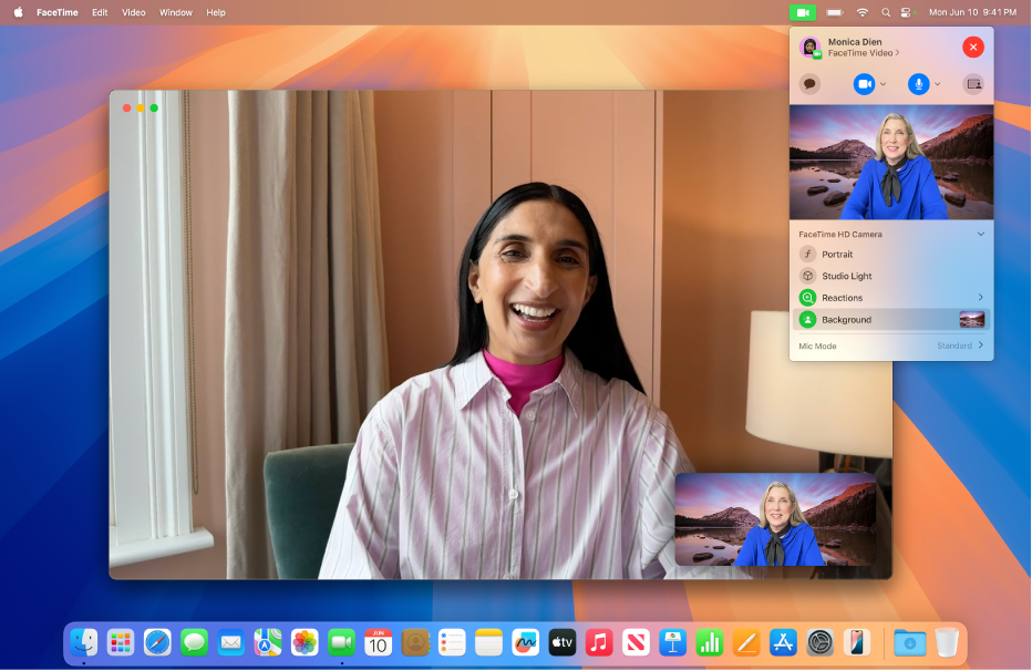 A l’escriptori d’un Mac es mostra una trucada del FaceTime en què una persona ha canviat el seu fons de pantalla per una foto d’un paisatge.