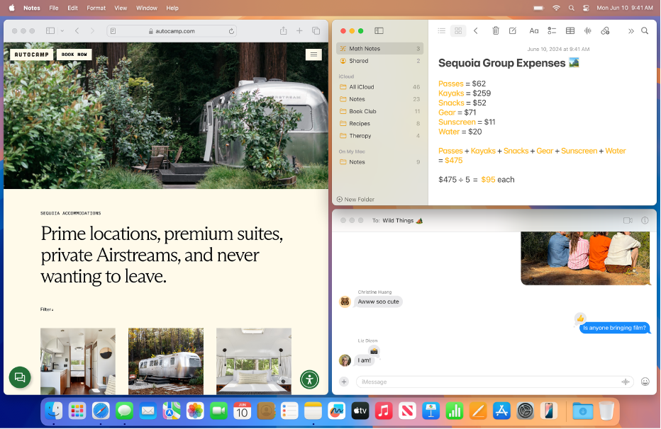 A l’escriptori d’un Mac es mostren tres finestres en mosaic: una finestra del Safari que ocupa mitja pantalla, una finestra de l’app Notes a l’angle superior dret i una finestra de l’app Missatges a l’angle inferior dret.