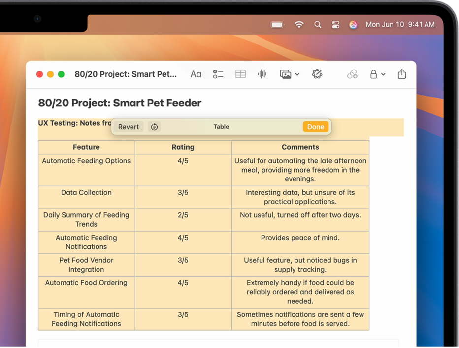 A Notes app window on Mac showing selected text. Writing Tools has reorganised the note in table form. Options to Revert or Show original show in the Writing Tools menu.