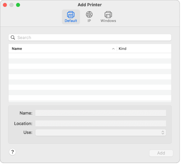 The Add Printer dialogue showing the default options for selecting a printer and adding a name, location, and the Use pop-up menu for choosing the printer type.