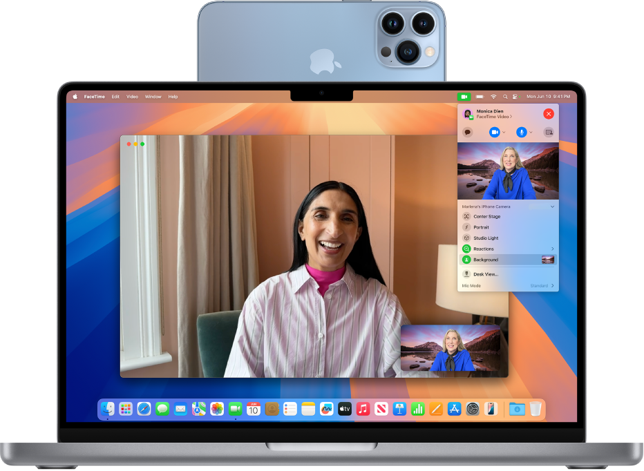 MacBook Pro, jossa käytetään iPhonea verkkokamerana ja jossa näkyy FaceTime-puhelu.