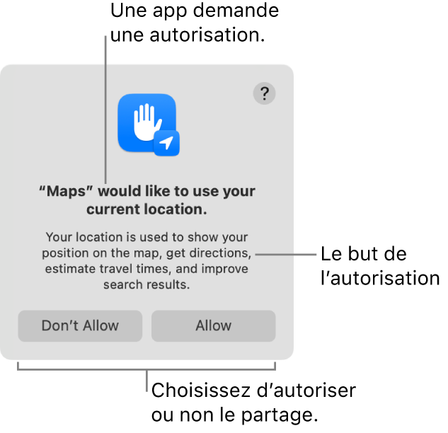 L’app Plans demandant l’autorisation d’utiliser votre position actuelle.