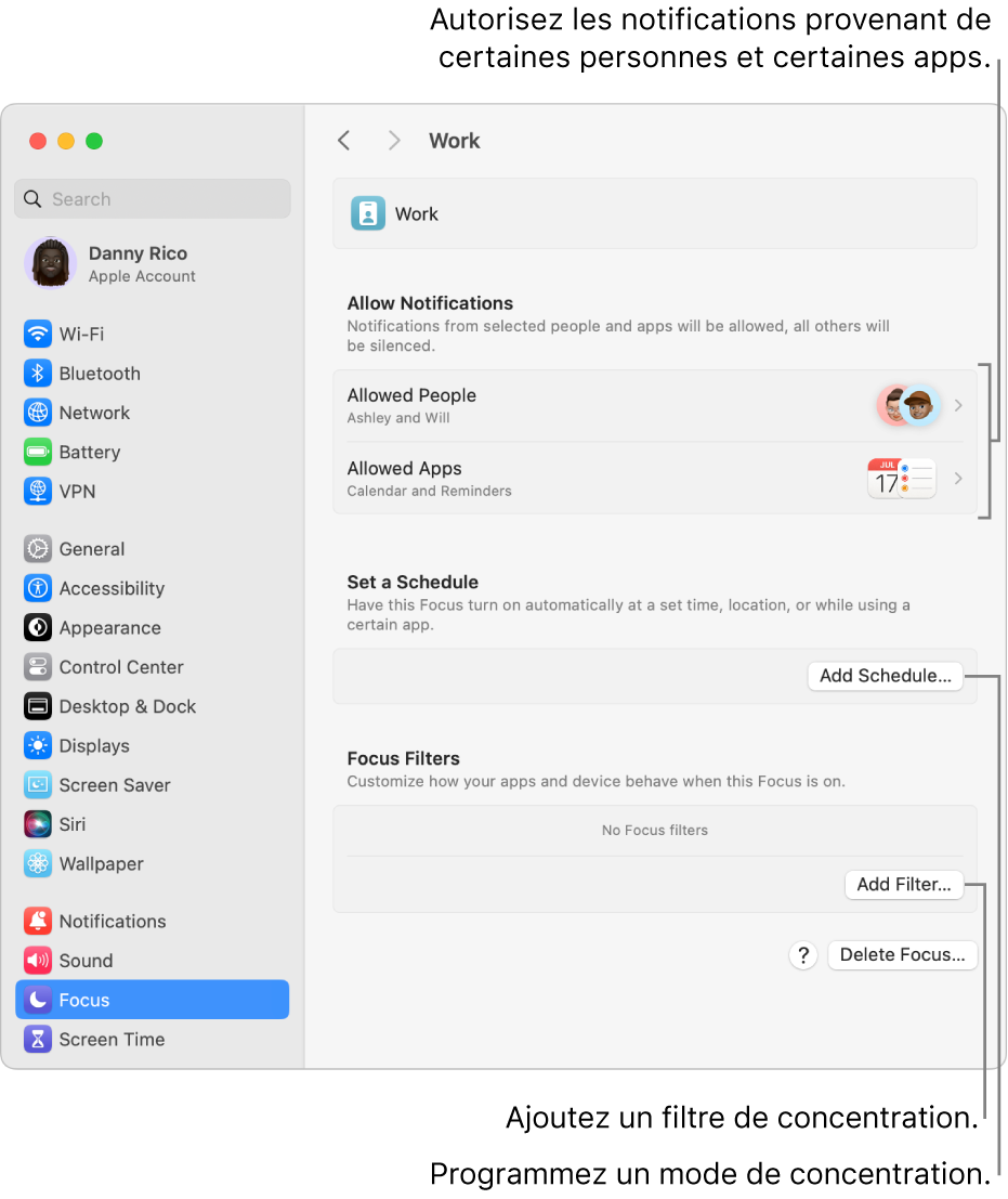 Réglages Concentration affichant les réglages du mode de concentration Travail. En haut se trouve la liste des personnes et apps dont les notifications sont autorisées lorsque le mode de concentration Travail est actif.