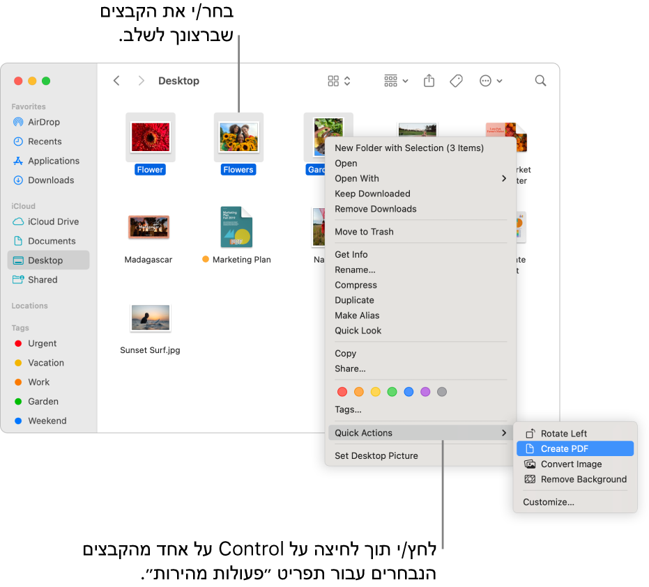 חלון של ה‑Finder עם קבצים ותיקיות, כאשר שלושה קבצים נבחרים והאפשרות ״צור PDF״ מסומנת בתפריט ״פעולות מהירות״.