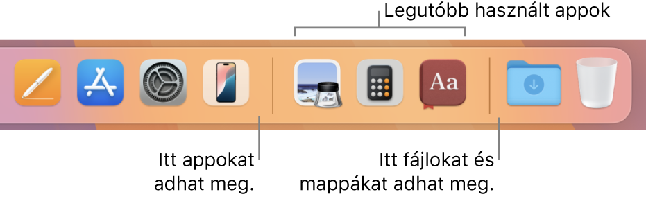 A Dock jobb széle a legutóbb használt appok szakasza előtt és után lévő elválasztóvonalakkal.