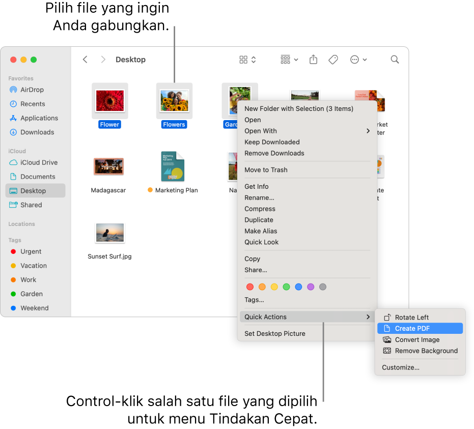 Jendela Finder berisi file dan folder, tempat tiga file dipilih, dan Buat PDF disorot di menu Tindakan Cepat.