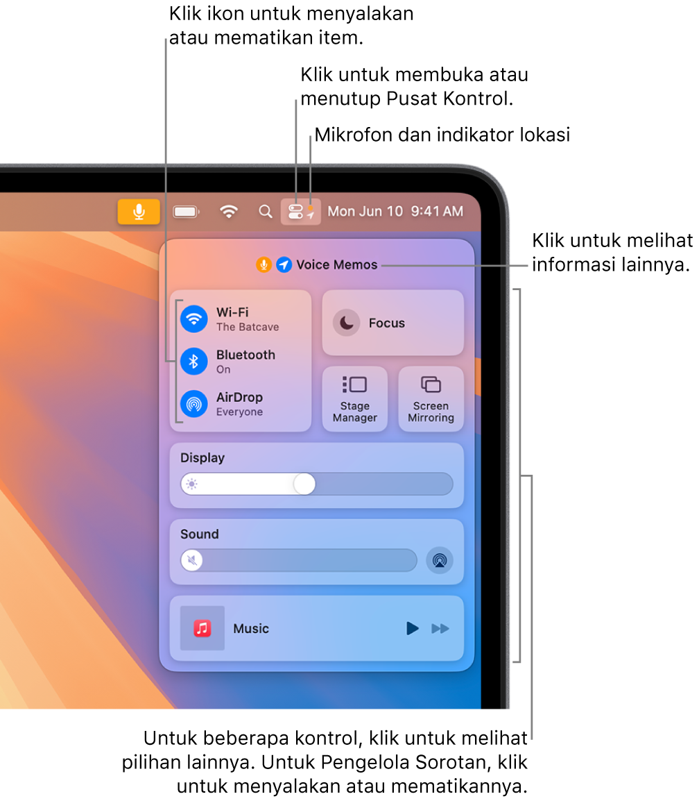 Pusat Kontrol di bagian kanan atas layar, menampilkan kontrol untuk Wi-Fi, Fokus, Bunyi, dan Sedang Diputar, di antaranya.