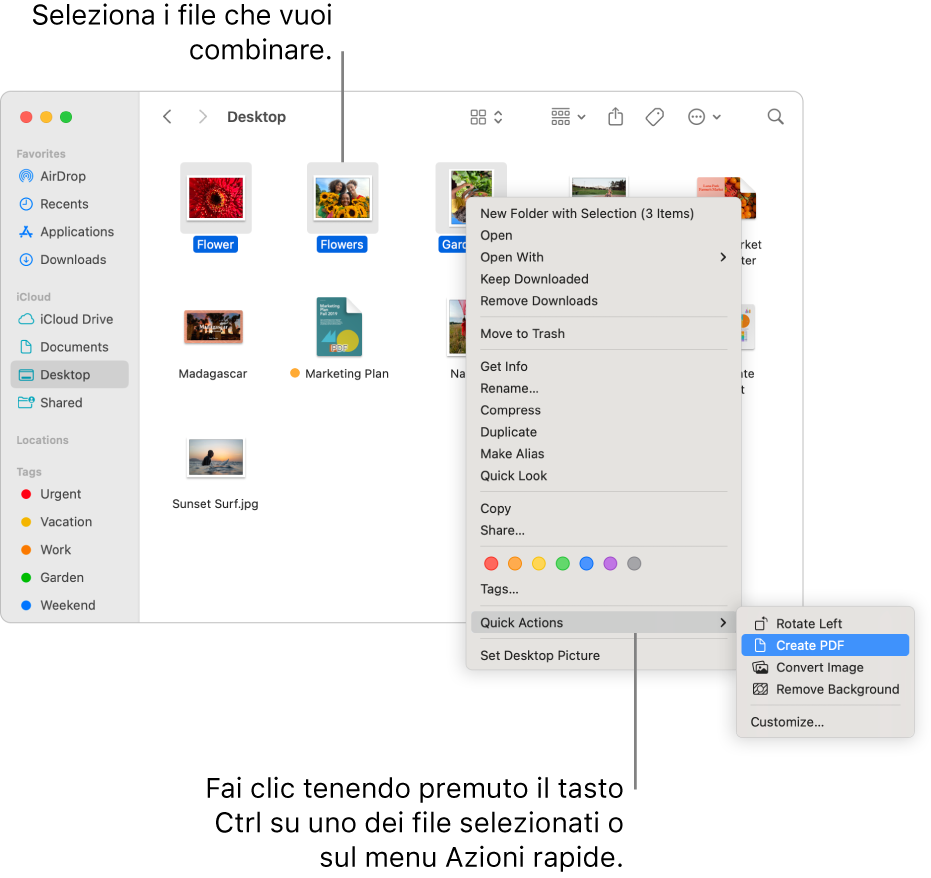 Una finestra del Finder con file e cartelle in cui sono selezionati tre file e “Crea PDF” evidenziato nel menu delle azioni rapide.