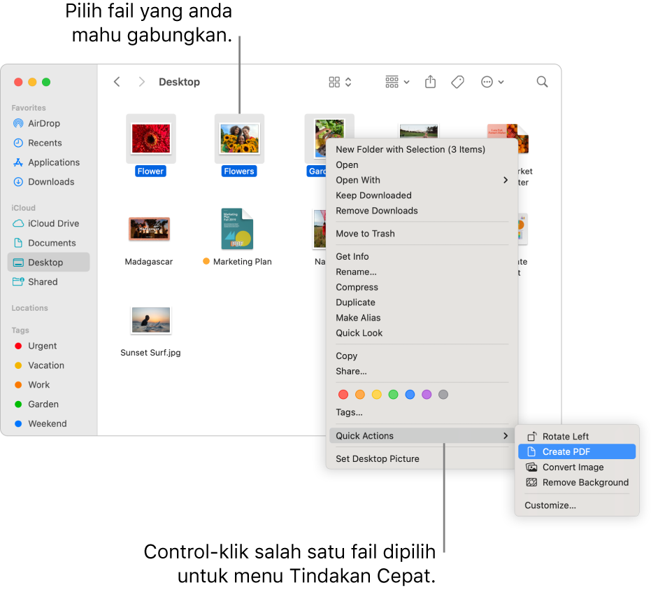 Tetingkap Finder mengandungi fail dan folder, yang tiga fail dipilih dan Cipta PDF diserlahkan dalam menu Tindakan Cepat.