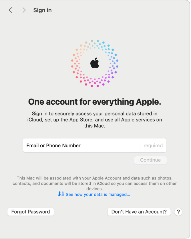 Het Apple Account-inlogpaneel met een tekstveld voor het invoeren van een e‑mailadres of telefoonnummer.