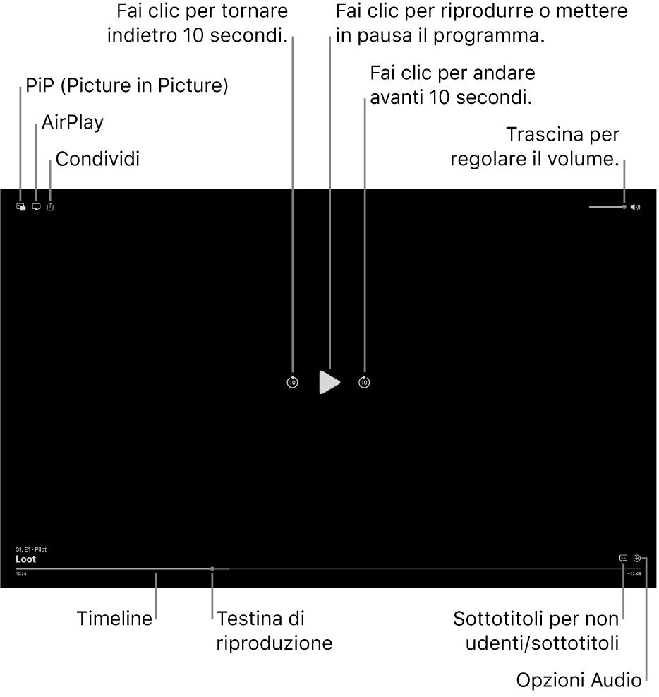 I controlli di riproduzione nel visore, tra cui i pulsanti per avviare la riproduzione e metterla in pausa, per andare avanti e indietro e per regolare il volume.