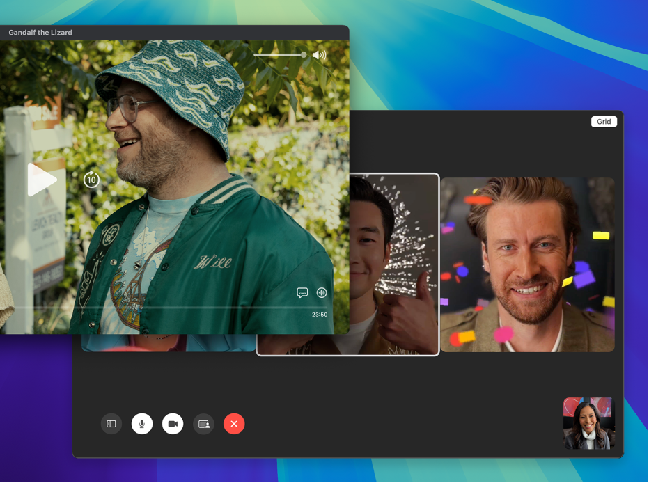 Il visore di Apple TV con la finestra dell’app FaceTime dietro.