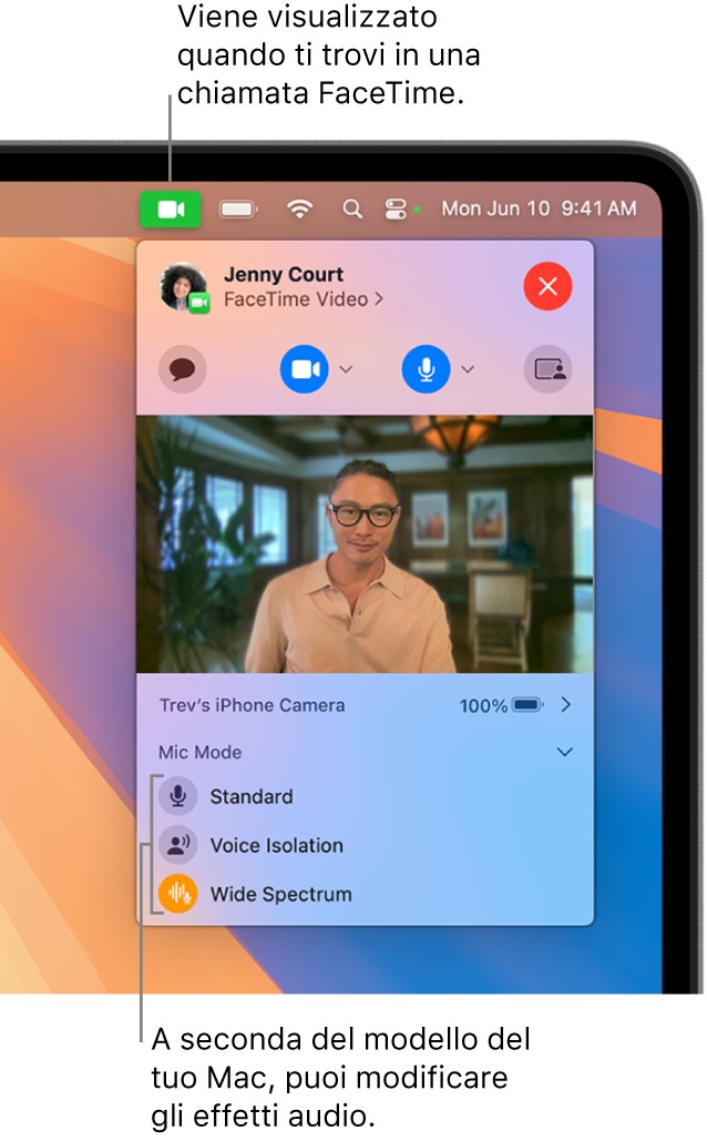 Centro di Controllo nell’angolo superiore destro dello schermo del Mac, che mostra il pulsante Video (che appare durante una chiamata FaceTime) e le opzioni di “Modalità microfono” (che consentono di modificare gli effetti audio, a seconda del Mac).