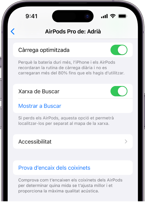 Configuració del Bluetooth en un iPhone que mostra opcions per als AirPods Pro (totes les generacions). L’opció de la xarxa de la cerca està activada, cosa que permet localitzar els AirPods individualment en un mapa quan es perden.