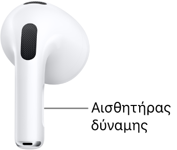 Η θέση του αισθητήρα πίεσης στα AirPods 3, κατά μήκος του στελέχους του κάθε AirPod.