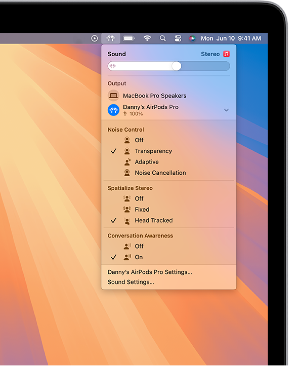 The AirPods icon is selected in the upper right of the menu bar on Mac. For AirPods Pro, Transparency is selected below Noise Control and Head Tracked is selected below Spatialize Stereo.