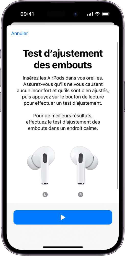 L’écran d’un iPhone qui affiche le test d’ajustement des embouts pour les AirPods Pro 1.