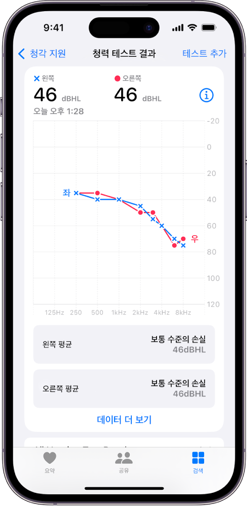 양쪽 귀에서 보통 수준의 청력 손실이 표시된 iPhone의 청력도.