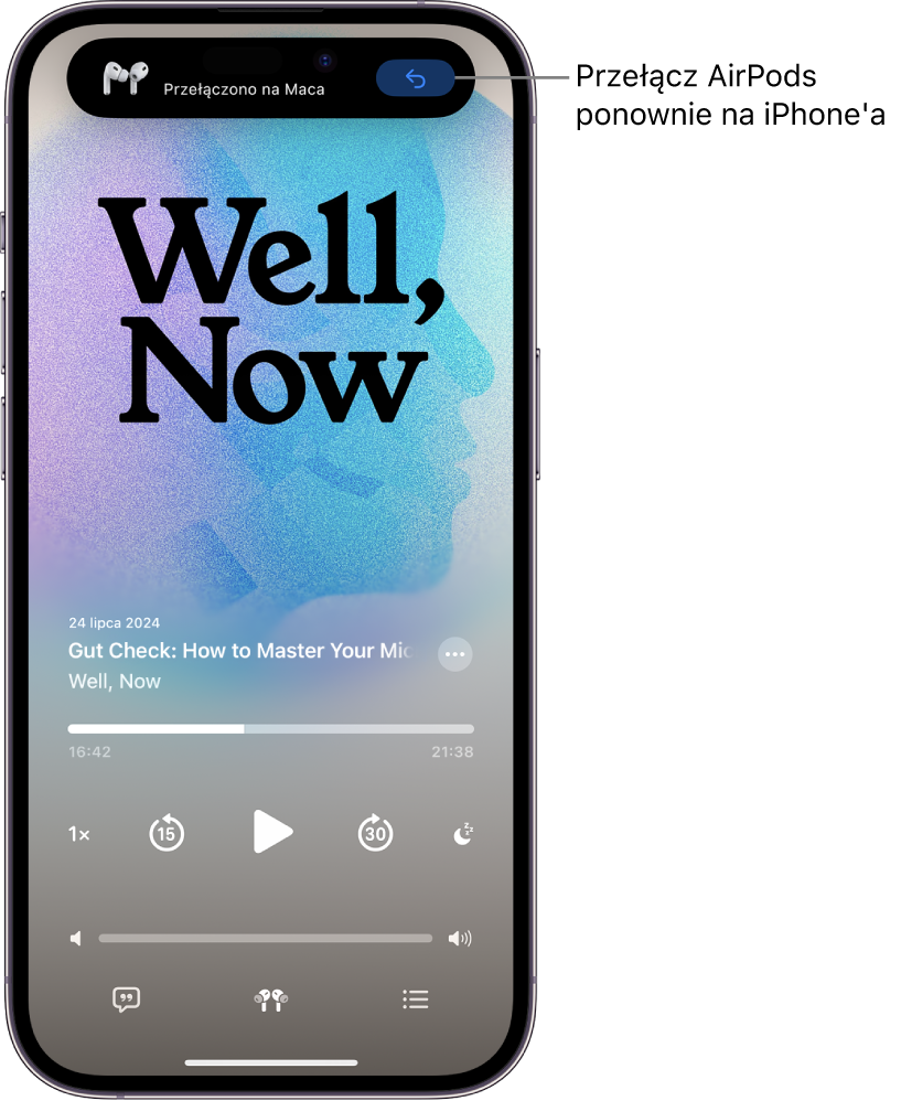 Ekran blokady na iPhonie z komunikatem u góry Przełączono na Maca i przyciskiem do przełączenia słuchawek AirPods z powrotem na iPhone'a.