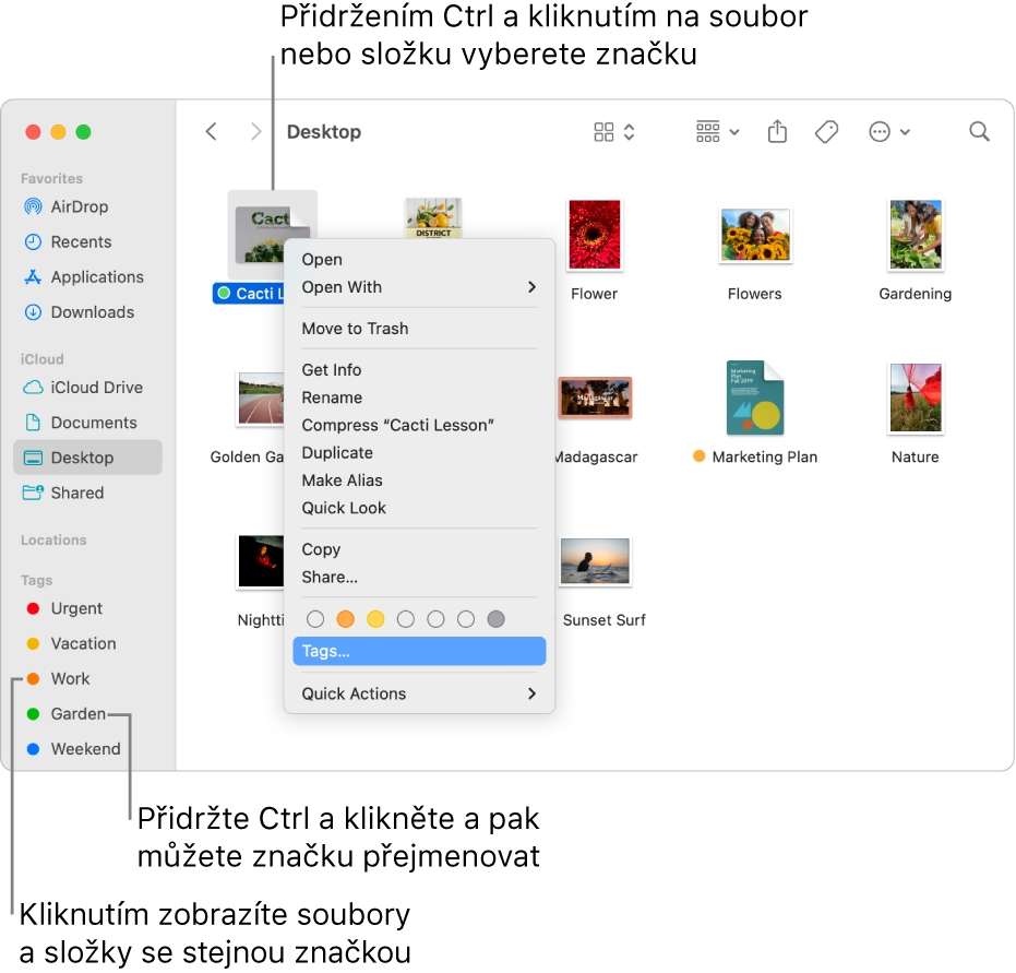 Okno Finderu, v němž jsou vidět soubory a složky opatřené značkami a jeden vybraný soubor. V nabídce zkratek jsou vidět značky s různými barvami a je zvýrazněna volba Značky