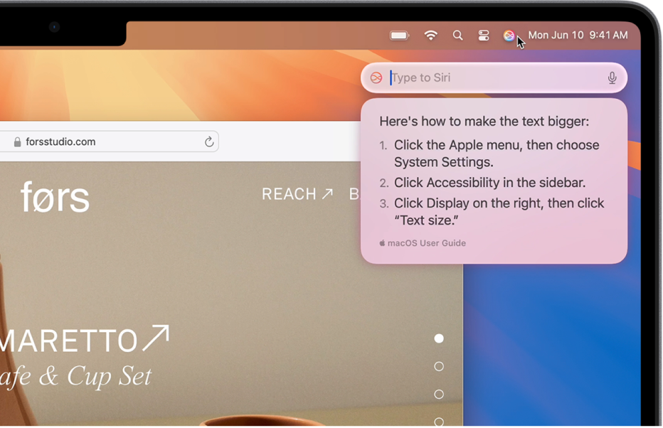 Die rechte obere Hälfte des Mac-Schreibtischs zeigt das Siri-Symbol in der Menüleiste und das Feld „Siri-Anfrage tippen“ mit von Siri bereitgestellten Schritten, wie man den Text größer machen kann.
