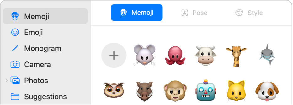 Optionen für das Apple Account-Bild. In der Seitenleiste ist „Memoji“ ausgewählt und verschiedene Memojis werden angezeigt.