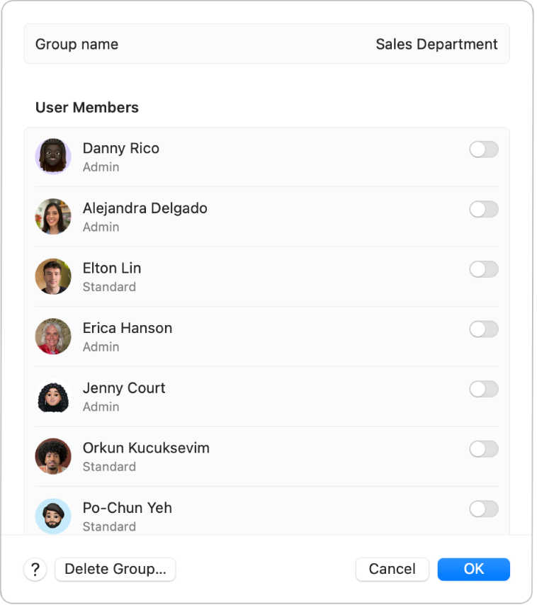 Options for a group in Users & Groups settings. To the right of each user is the option to include or exclude the user from the group. Along the bottom are the Help, Delete Group, Cancel and OK buttons.