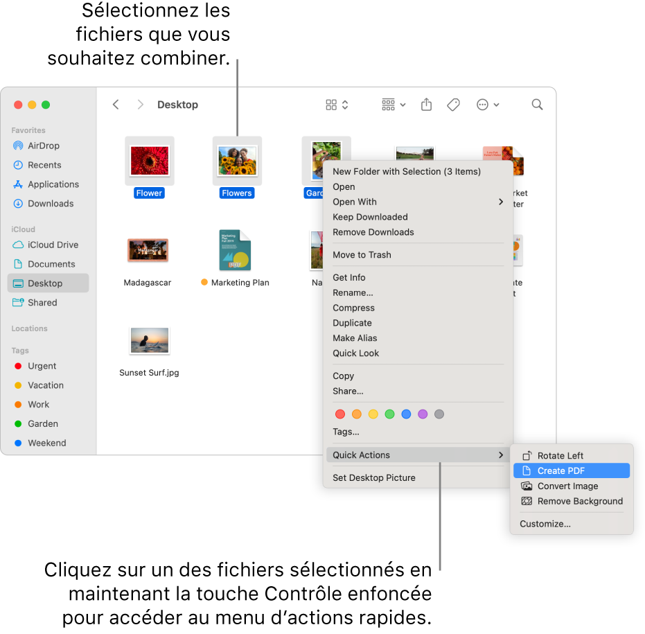 Une fenêtre du Finder contenant des fichiers et des dossiers, où trois fichiers sont sélectionnés, et Créer un PDF est surligné dans le menu Actions rapides.