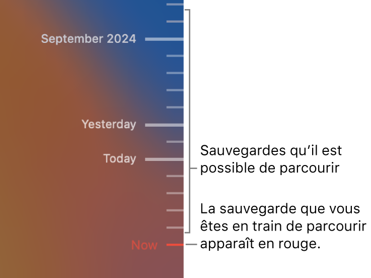 Graduations de la chronologie de sauvegarde. La graduation rouge indique la sauvegarde que vous consultez.