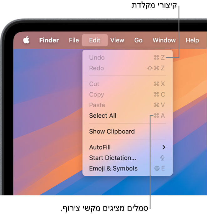 תפריט ״עריכה״ פתוח ב‑Finder; קיצורי מקלדת מוצגים לצד פריטי תפריט.