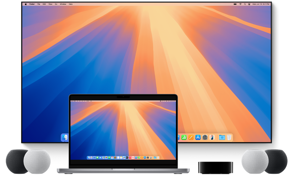 Een Mac en apparaten waar de Mac via AirPlay materiaal naartoe kan streamen; bijvoorbeeld een Apple TV, HomePod mini-luidsprekers en een smart-tv.